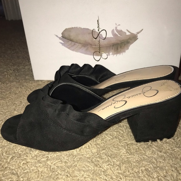 Black Block Heel Mules with Ruffle Front - Picture 2 of 4